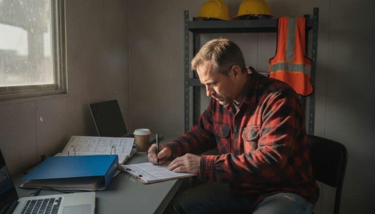 Construction company owner in a red plaid flannel shirt writing on a form on a clipboard at a desk in a site trailer, an open binder and a coffee cup beside him, hard hats and a hi-vis vest on a shelf behind