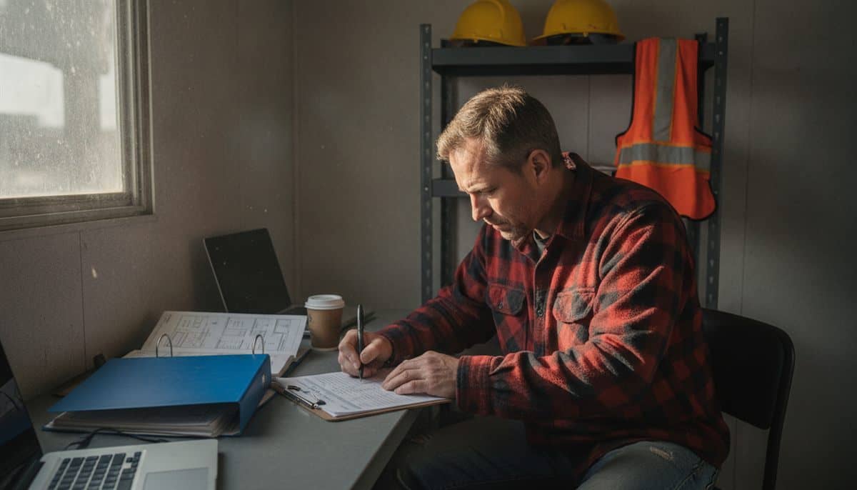 Construction company owner in a red plaid flannel shirt writing on a form on a clipboard at a desk in a site trailer, an open binder and a coffee cup beside him, hard hats and a hi-vis vest on a shelf behind