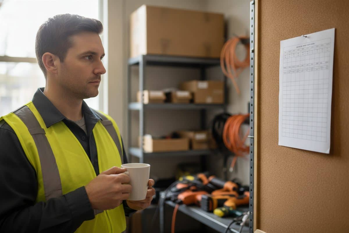 Worker in a hi-vis vest holding a coffee mug and looking at a single printed grid form pinned on a cork board, shelves of boxes, cable reels and power tools behind him