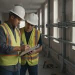 Electrical foreman in a hard hat checks a clipboard timesheet with a young electrician beside new conduit in a school corridor