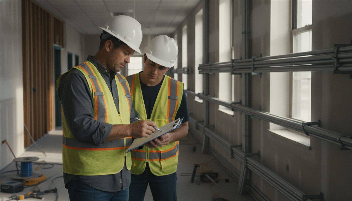 Electrical foreman in a hard hat checks a clipboard timesheet with a young electrician beside new conduit in a school corridor