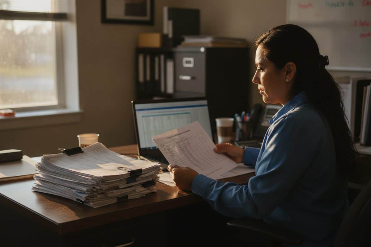 Office manager at a contractor's desk reads a printed wage rate schedule beside a laptop and a stack of timesheets