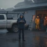 Foreman in a rain jacket checks his phone beside a pickup while three crew members wait in the shop doorway