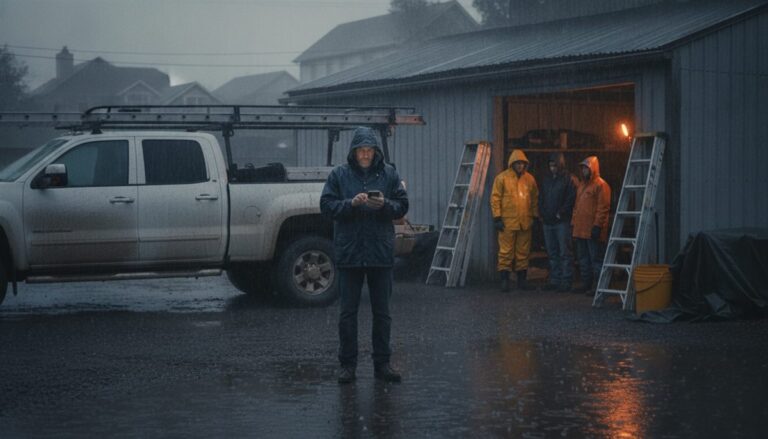 Foreman in a rain jacket checks his phone beside a pickup while three crew members wait in the shop doorway