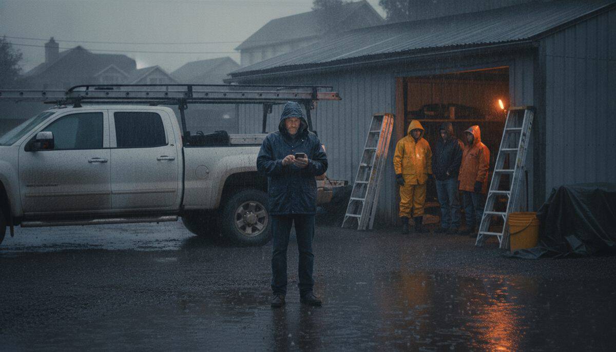 Foreman in a rain jacket checks his phone beside a pickup while three crew members wait in the shop doorway