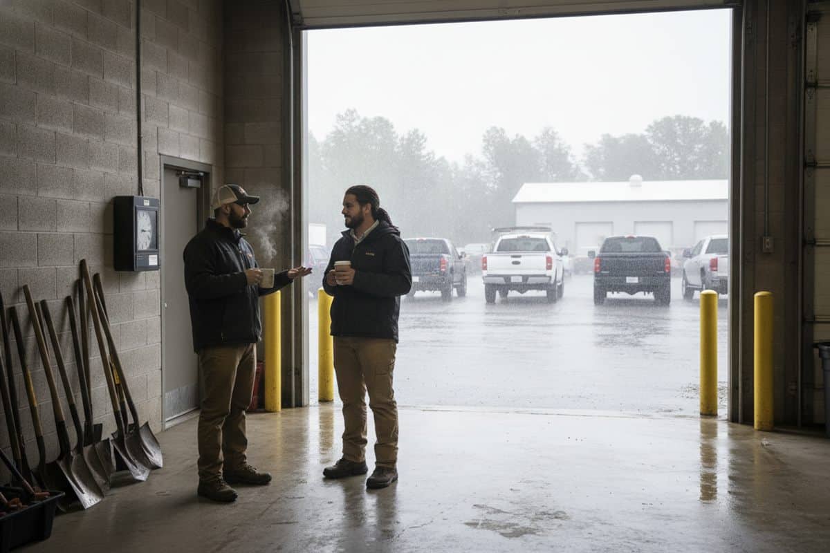Two crew members with coffee wait by a wall time clock in an open shop bay as rain falls on the trucks