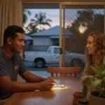 Young electrician in a t-shirt at a dinner table with his partner at dusk, a phone glowing face-up in front of him and a white ute in the driveway outside
