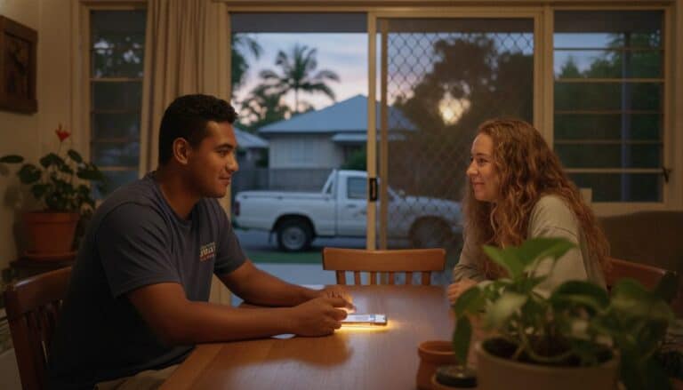 Young electrician in a t-shirt at a dinner table with his partner at dusk, a phone glowing face-up in front of him and a white ute in the driveway outside