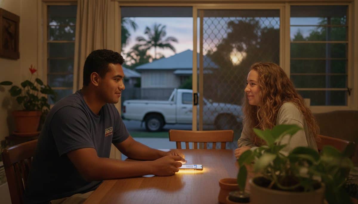 Young electrician in a t-shirt at a dinner table with his partner at dusk, a phone glowing face-up in front of him and a white ute in the driveway outside