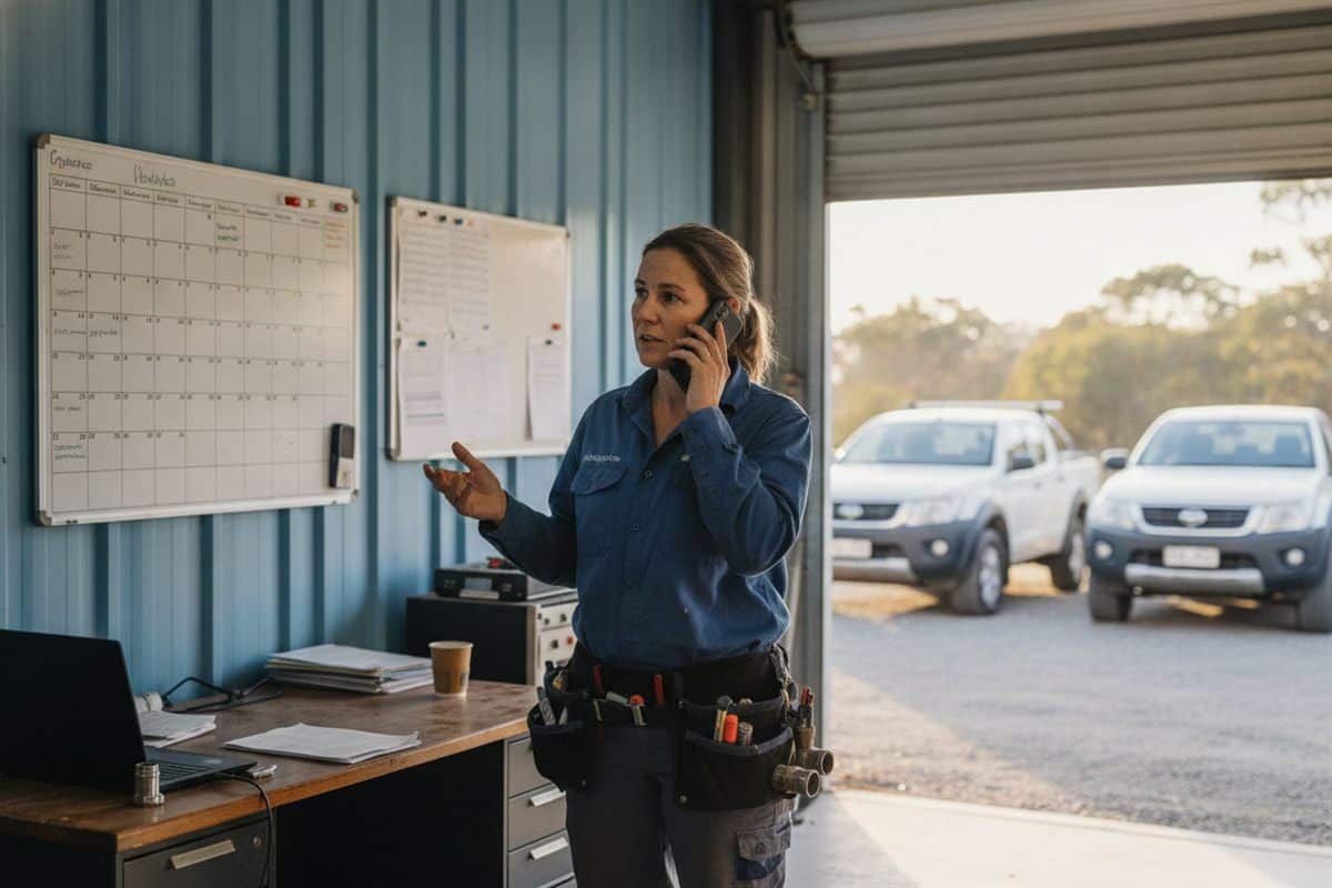 Business owner in a blue work shirt and tool belt talking on her phone in a shed office beside a whiteboard calendar, with two utes outside the open roller door