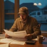 Electrician in a cap and work shirt comparing two printed plan summaries at a kitchen table in the evening, a laptop, calculator and coffee mug beside him and his pickup truck outside