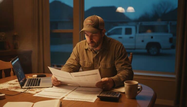Electrician in a cap and work shirt comparing two printed plan summaries at a kitchen table in the evening, a laptop, calculator and coffee mug beside him and his pickup truck outside