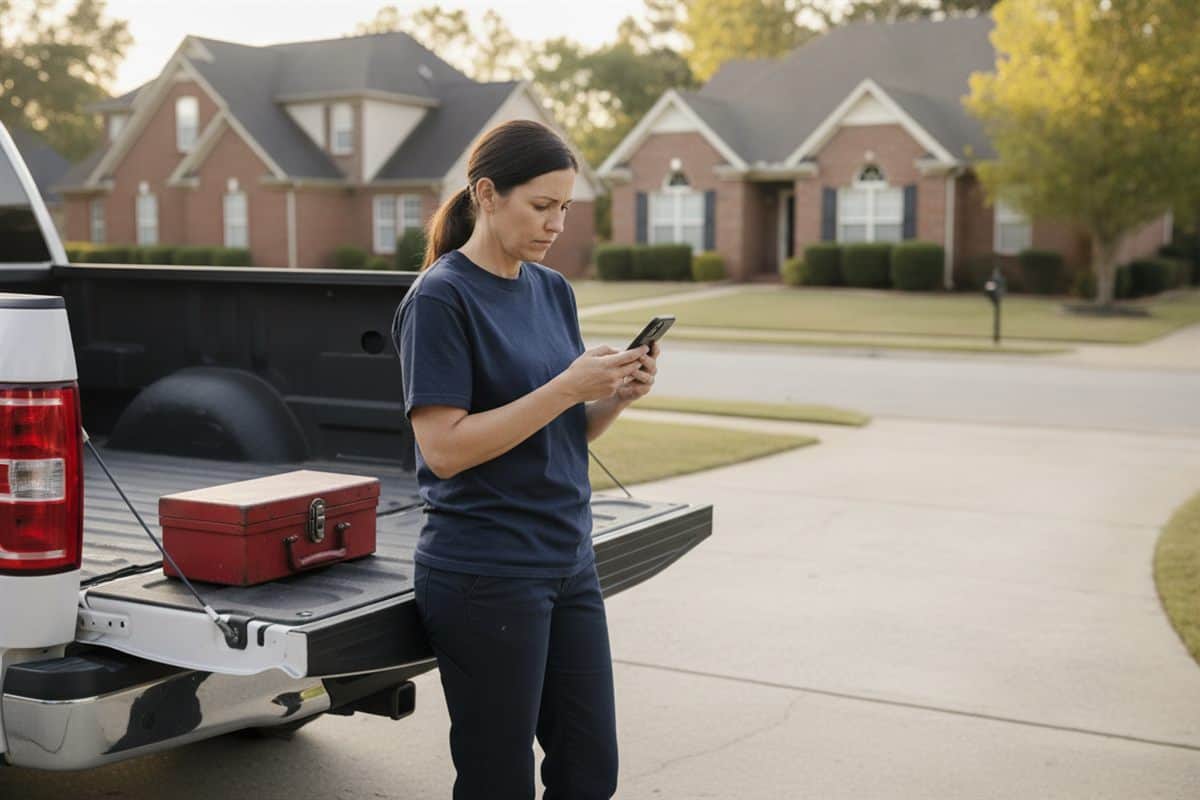 Plumber in a navy work shirt reading her phone beside the open tailgate of a white pickup truck with a red toolbox, brick suburban houses behind her