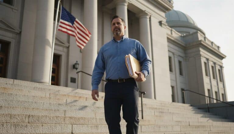 Contractor in a blue work shirt carries a folder of papers down the steps of a county courthouse