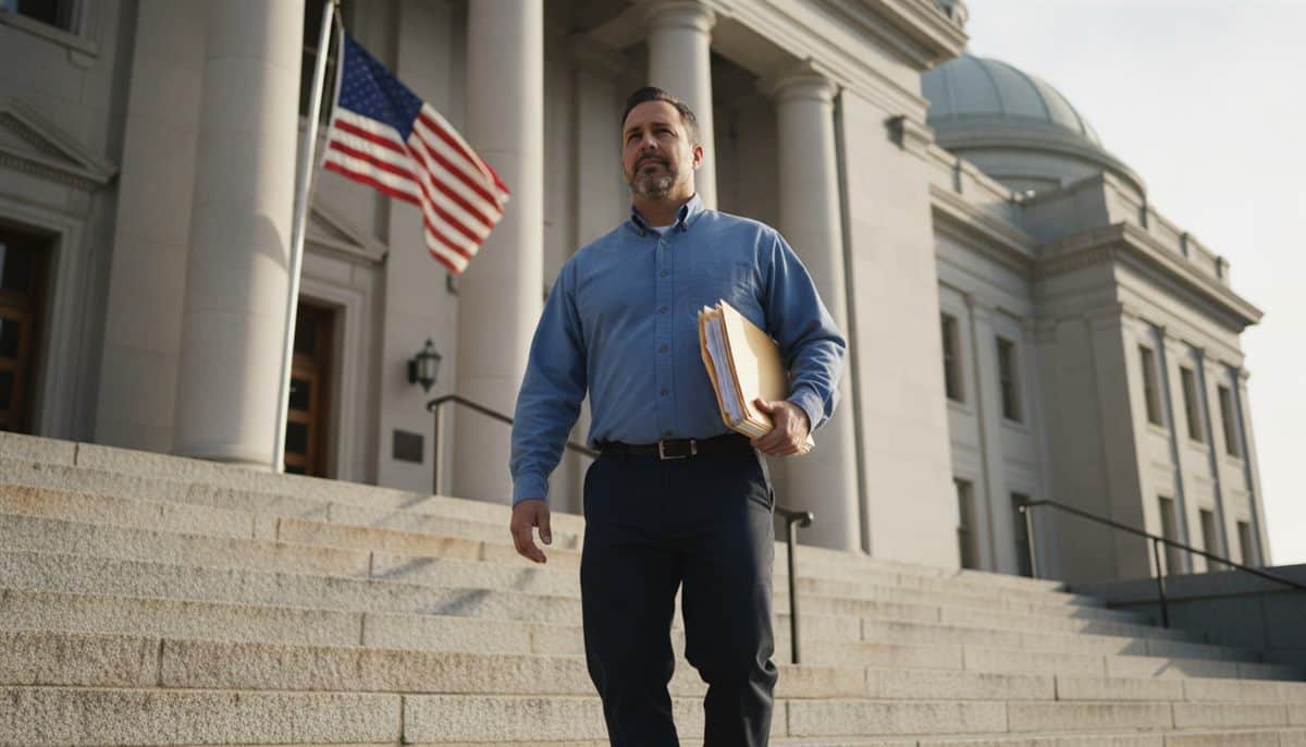 Contractor in a blue work shirt carries a folder of papers down the steps of a county courthouse