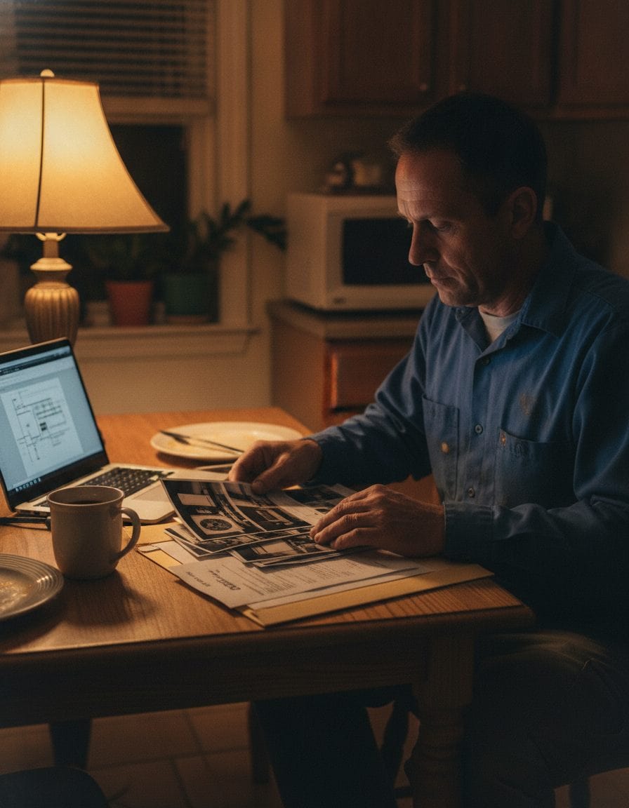 Contractor sorts printed job photos and an invoice into a folder at a kitchen table under a lamp