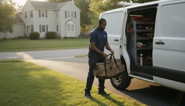 Technician in a navy polo loading a canvas tool bag into the side door of a white cargo van with built-in shelving, parked in a suburban driveway at sunrise