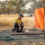 Tradie in a hi-vis shirt kneeling to weld a steel gate frame on a cleared gravel pad, an orange welding screen beside him, a garden hose on a tap and a red knapsack sprayer nearby, dry grass, gum trees and a white ute behind