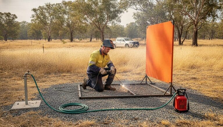 Tradie in a hi-vis shirt kneeling to weld a steel gate frame on a cleared gravel pad, an orange welding screen beside him, a garden hose on a tap and a red knapsack sprayer nearby, dry grass, gum trees and a white ute behind