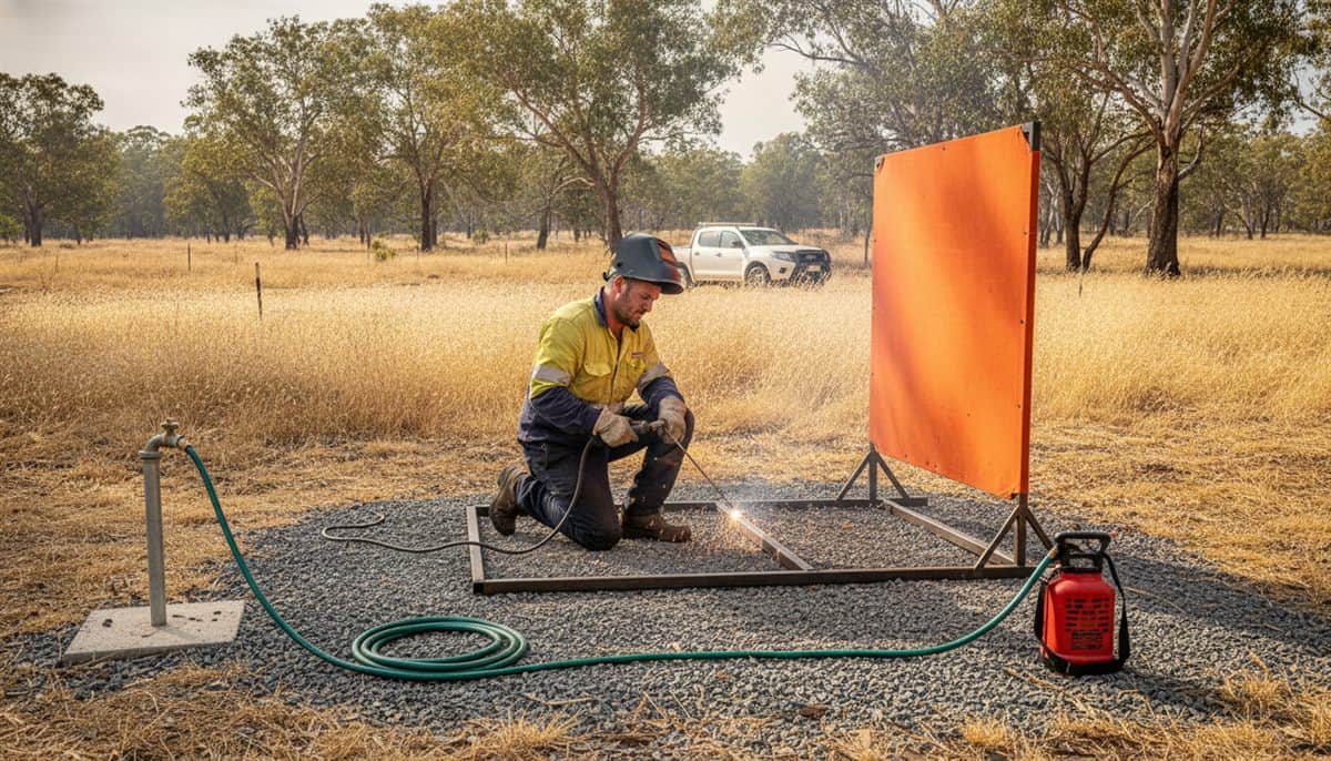 Tradie in a hi-vis shirt kneeling to weld a steel gate frame on a cleared gravel pad, an orange welding screen beside him, a garden hose on a tap and a red knapsack sprayer nearby, dry grass, gum trees and a white ute behind