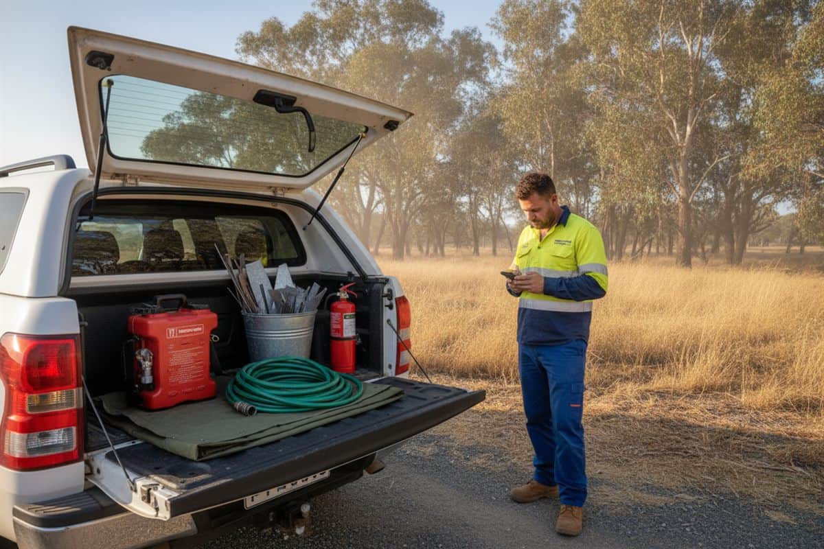 Open tray of a white ute holding a red knapsack sprayer, a coiled garden hose, a folded welding blanket, a metal bucket of steel offcuts and a fire extinguisher, a tradie in hi-vis checking his phone beside it, dry grass and gum trees behind