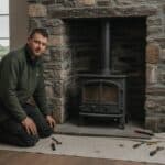 Heating installer in a green fleece kneeling beside a newly fitted black multi-fuel stove in a stone fireplace, tools on a dust sheet and green fields through the window