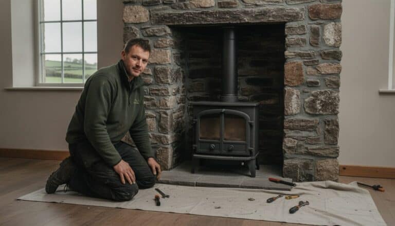 Heating installer in a green fleece kneeling beside a newly fitted black multi-fuel stove in a stone fireplace, tools on a dust sheet and green fields through the window