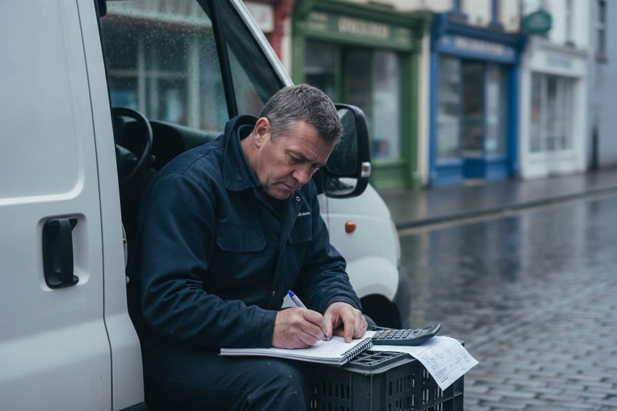 Plumber in a navy jacket writing figures on a quote pad with a calculator and a supplier invoice, sitting in the open door of a white van on a wet street of coloured shopfronts