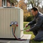 HVAC technician in a gray work shirt kneeling to tighten a refrigerant line on a newly installed outdoor heat pump beside a brick house, gauges hanging on the unit