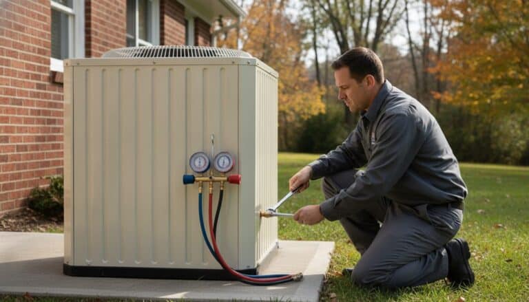 HVAC technician in a gray work shirt kneeling to tighten a refrigerant line on a newly installed outdoor heat pump beside a brick house, gauges hanging on the unit