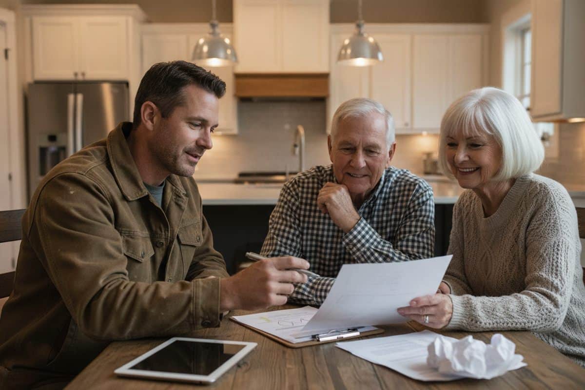 Contractor in a brown work jacket going through a printed one-page document with an older man and woman at a dining table, a tablet and clipboard beside them